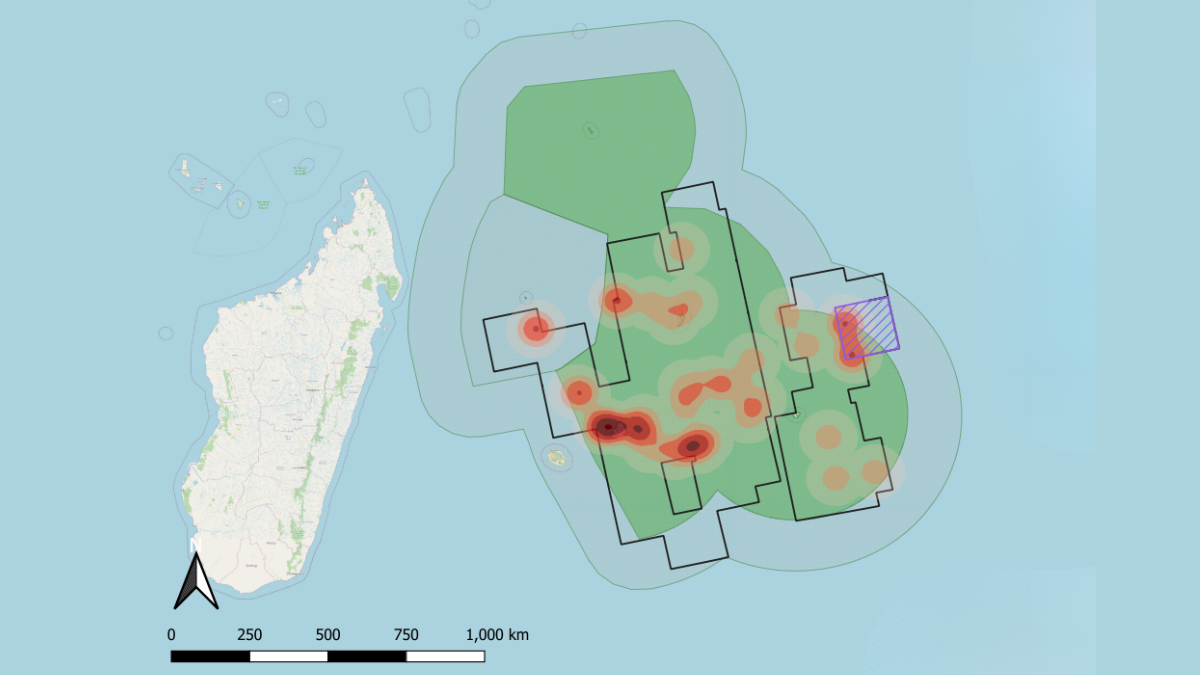 A heatmap produced by the team from satellite data and AI. The map shows the density of "dark" vessels detected off the coast of Mauritius- – i.e. those picked up by satellite, but which were not issuing an Automatic Identification System (AIS) signal. 