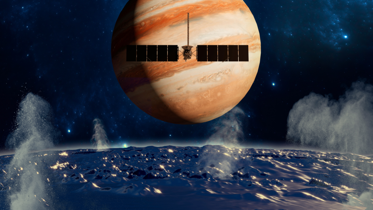 An image of the clipper spacecraft between one of Jupiter's moons and the planet itself