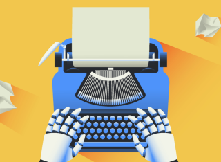 stylised cartoon of a robot using a typewriter