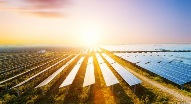 Solar panels under sunset