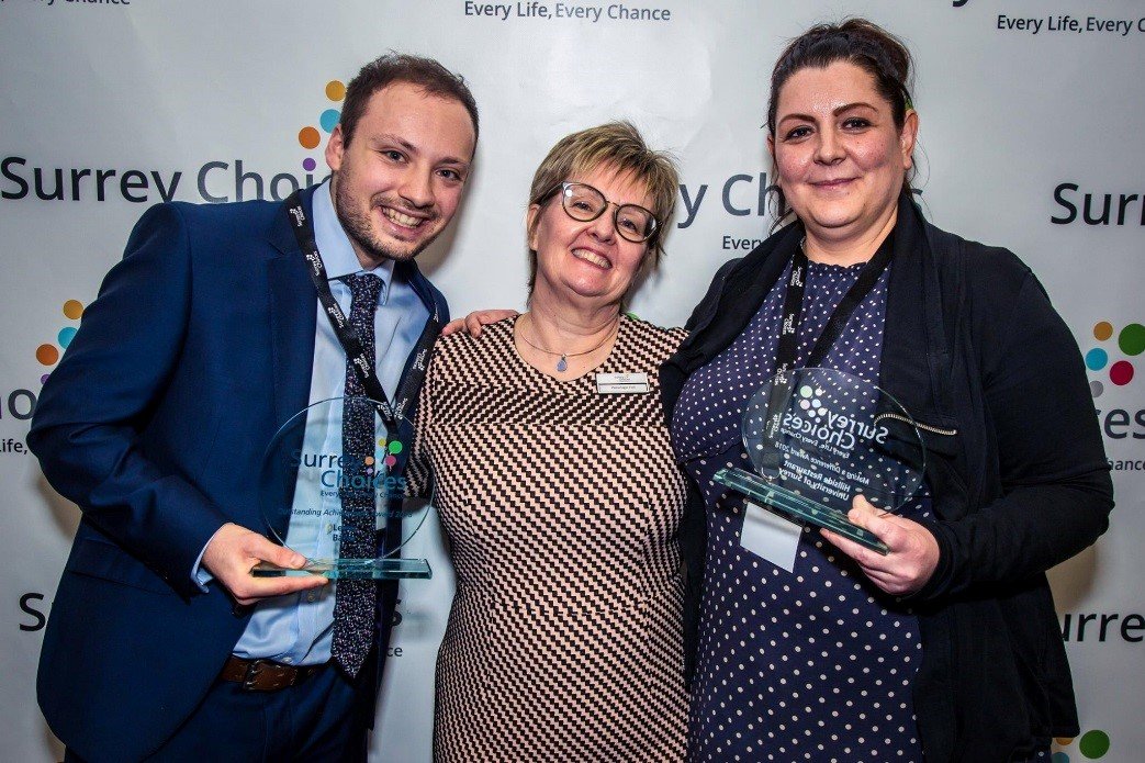 Lewis (EmployAbility participant), Penelope Fell (Managing Director of Surrey Choices), Debbie Nottridge (Hillside Manager)