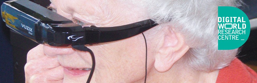 Elderly woman wearing electronic visor