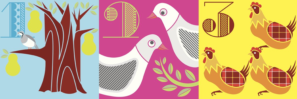 A partridge in a pear tree, two turtle doves and three French hens