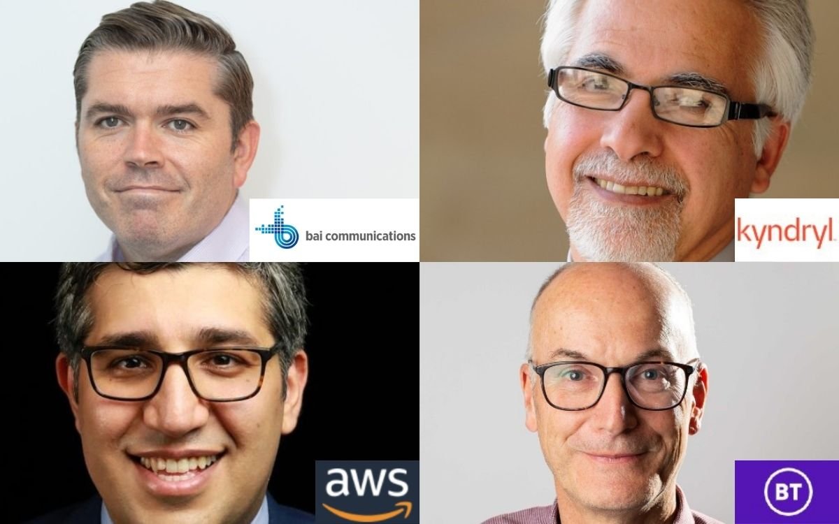 The faces of four men and logos from their companies: BAI Communications, Kyndryl, Amazon Web Services and BT