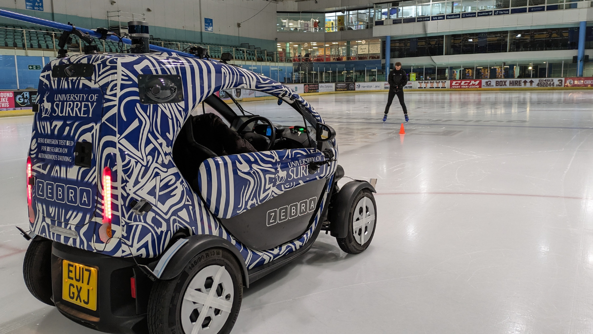 University of Surrey's autonomous Zebra car drives on the ice rink at Guildford Spectrum