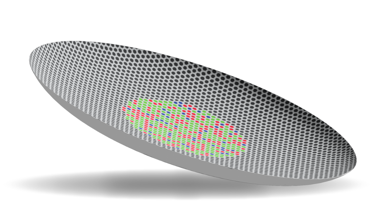 Schematic of a prototype retina, with the colour receptor materials highlighted as pixels