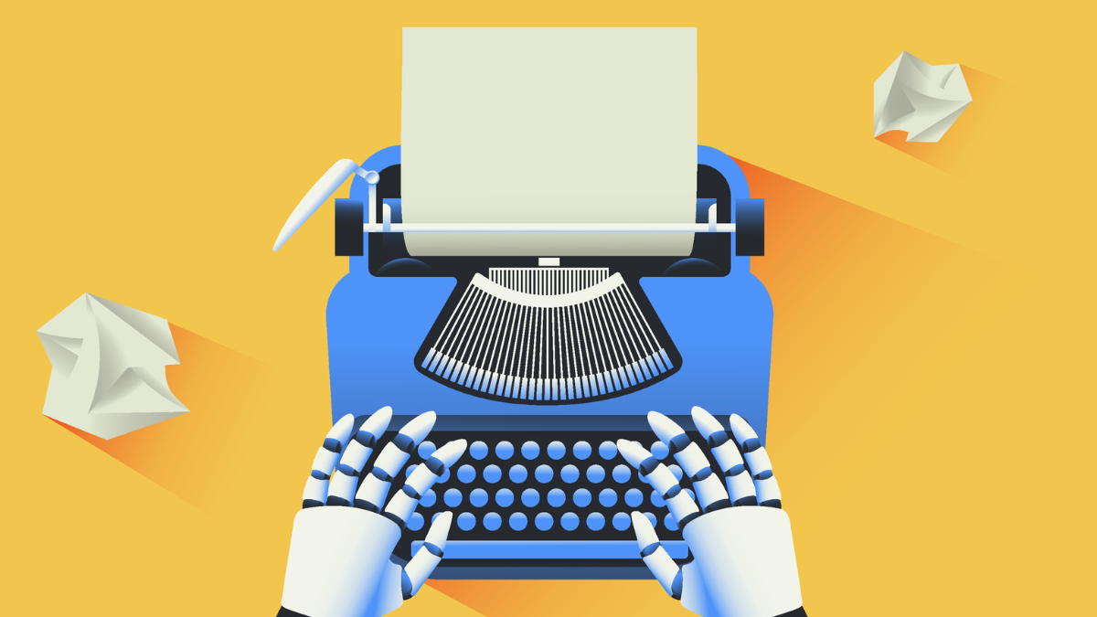 stylised cartoon of a robot using a typewriter