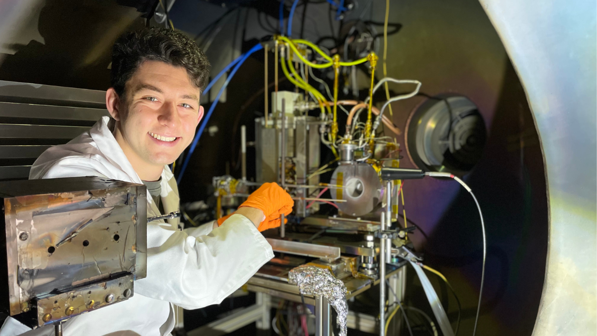 A photo of Dr Mansur Tisaev inside the Plasma Propulsion Lab at the University of Surrey. 