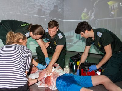 Paramedic sciences students in a disaster simulation