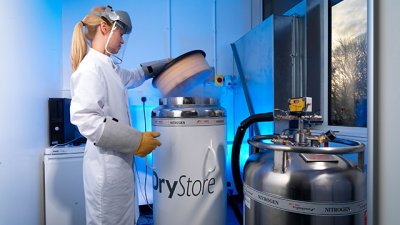 A female member of staff in the cryostorage lab