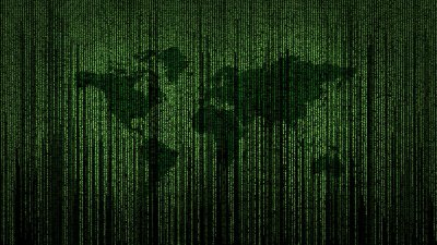 Digital code on a green background with the world map