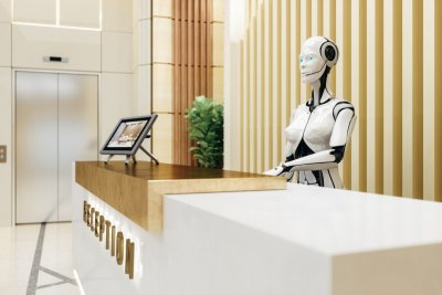 A robot works on a hotel reception desk