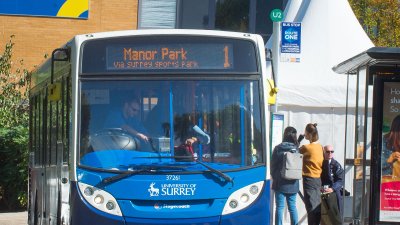 People boarding a Stagecoach bus on Stag Hill campus