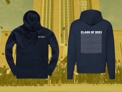 The front and back of a University of Surrey personalised hoodie. On the back you can see a list of names under the title Class of 2023