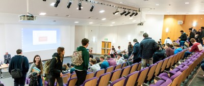 Students in Management School lecture theatre, Rik Medlik building