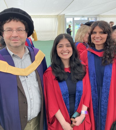 Prof Ricardo Nunes with Vedanta Dhamija and Roshni Tara at their PhD graduation ceremony, April 2024