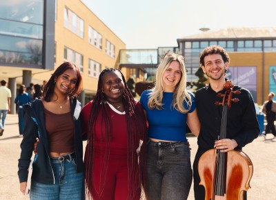 Group of students outside Surrey's piazza