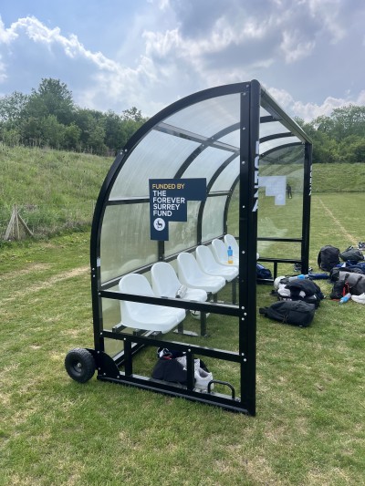 A photograph of the new football dugouts installed at Surrey Sports Park