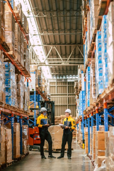 Interior of Amazon warehouse with two members of staff wearing safety helmets