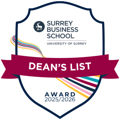 Emblem for Surrey Business School's Dean's List Award for 2025-26