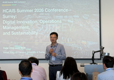 Senmao Xia giving opening address at Human-Centred AI Society (HCAIS) Summer 2026 conference at the University of Surrey