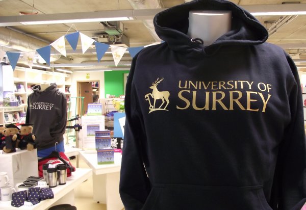 University of Surrey hoodie on display in shop