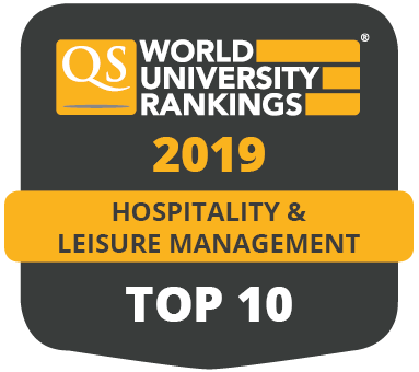 QS World University Rankings by Subject 2019 hospitality and leisure management top 10 badge.