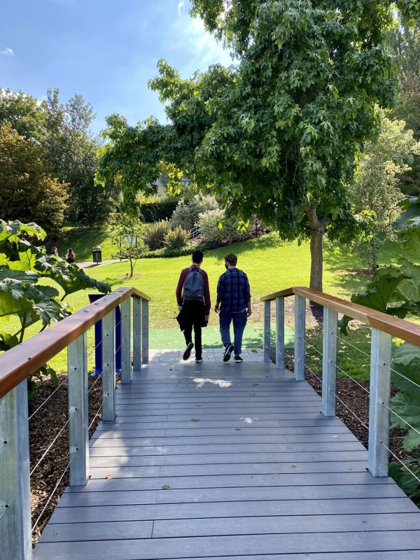 Students walking over the bridge by the lake, Stag Hill campus