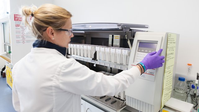 A women wearing a white coat and purple gloves is operating a stainer