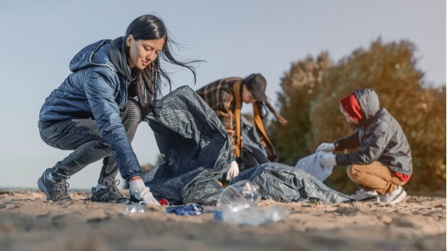 People picking up rubbish