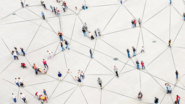 Aerial view of crowd connected by lines 