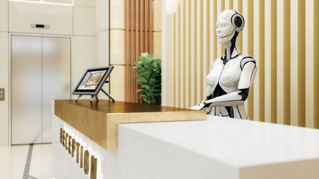 A robot works on a hotel reception desk