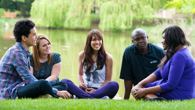 Students by the lake