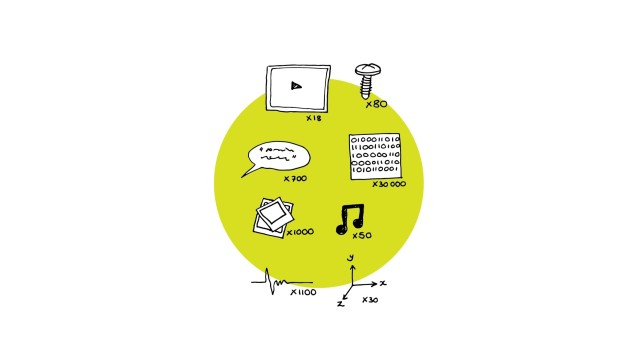 object based media tools graphic: video, speech bubble, music symbol, photographs, code, screw