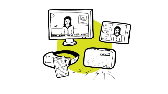 object based media example graphic: computer screen, VR headset, radio, tablet