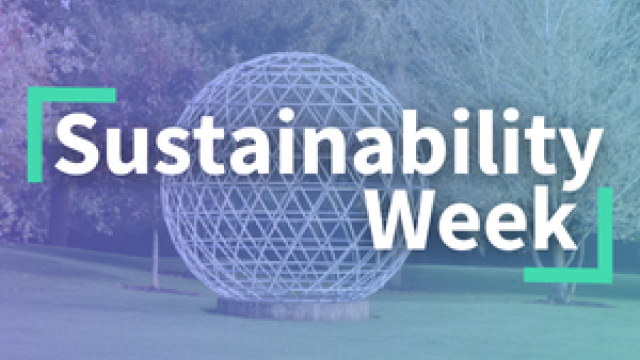 Background image of globe structure with 'sustainability week' text in front