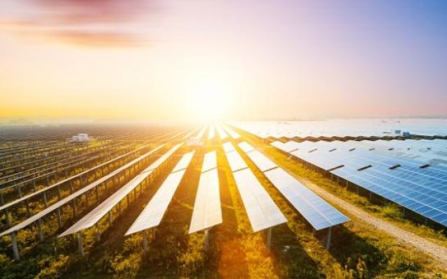 Solar panels under sunset