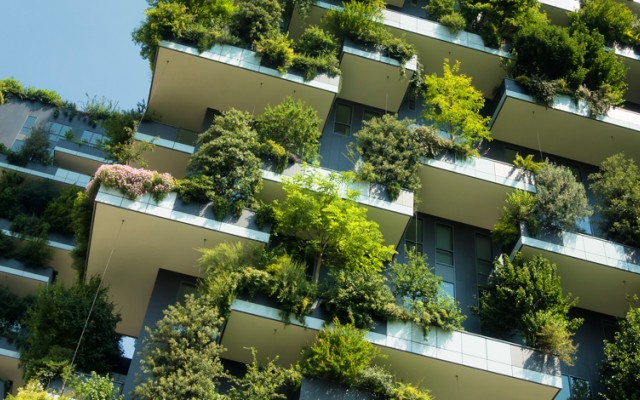 Apartment building with vegetation growing on outside