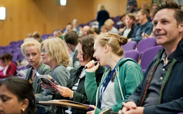 People sat in lecture theatre listening to open days talk