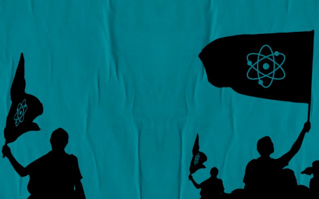 Shadows of men holding flags on a turquoise background