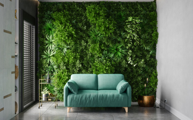 Turquoise colour sofa in front of a wall of plants 