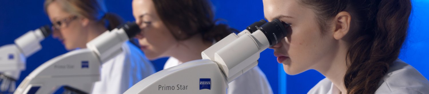 Three females looking through microscopes