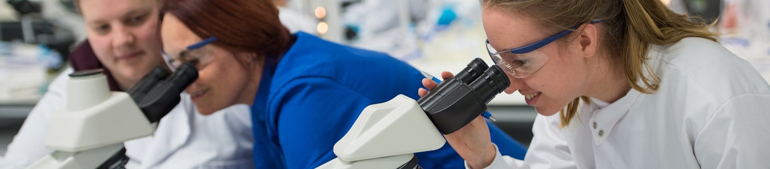 Female students using microscopes in the lab