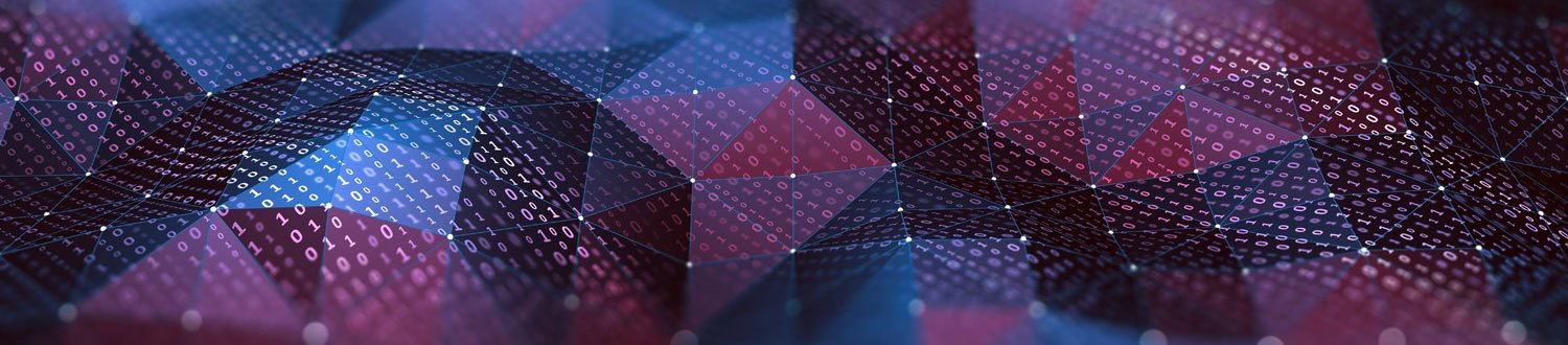 Purple, red and blue waves dotted with 1's and 0's