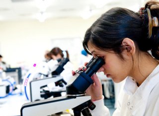 Student looking in a microscope