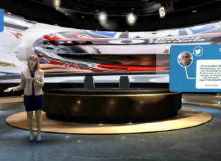 Lady presenting a TV show with floating augmented reality around her
