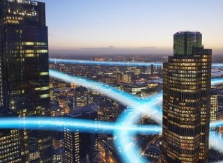 5g waves twisting around high rise office buildings