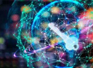 A digital key floating in a sea of data depicts digital data privacy