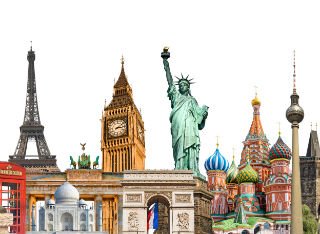 Famous landmarks across the world including Big Ben and Statue of Liberty
