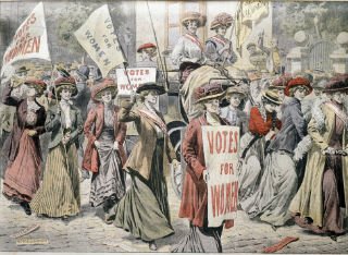 Old style image depicting the suffrage movement with women campaigning